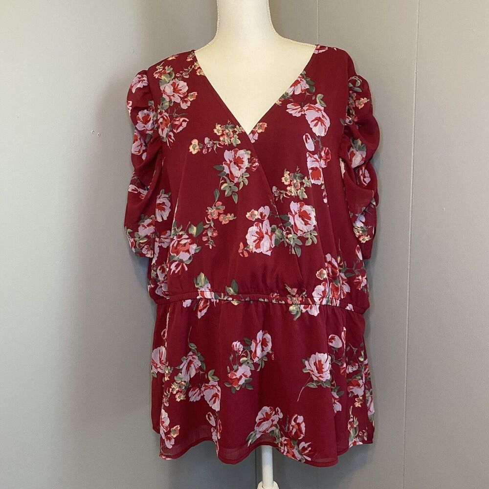 Maurices New With Tags Red Floral Mesh Ruched Sleeve Top Plus Size 3X
